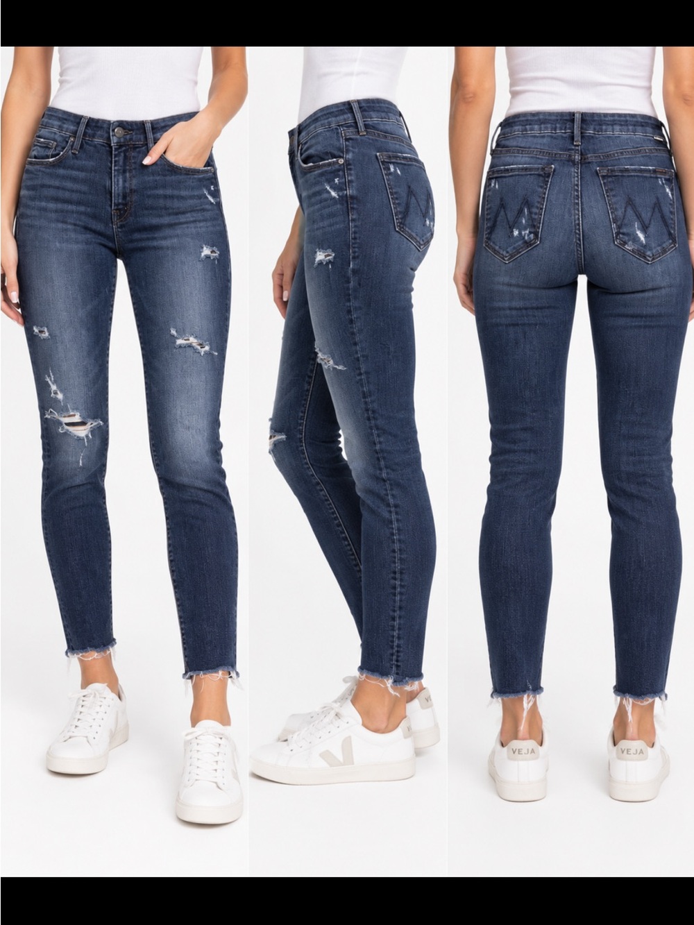 MOTHER Denim Distressed Skinny Jeans – Dark Indigo Raw Hem, 28